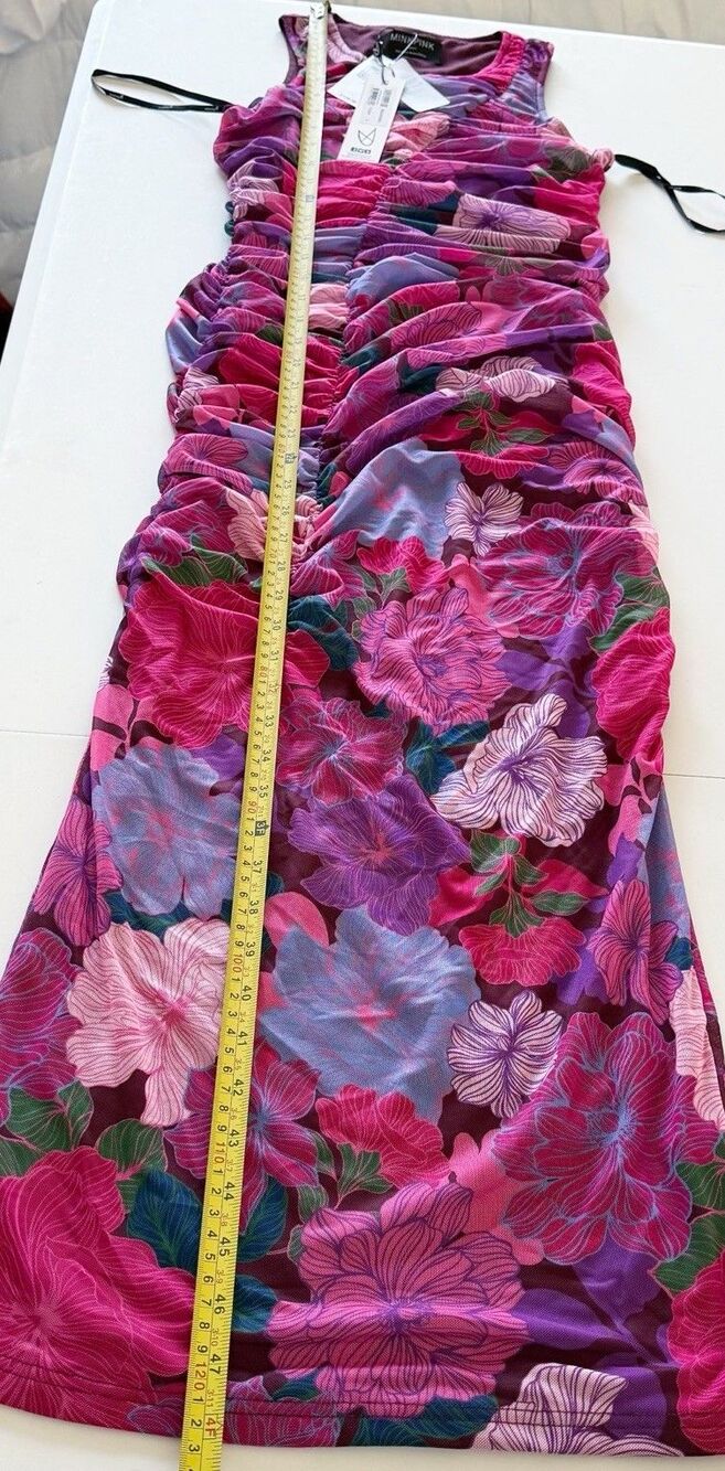 NEW NWT MINKPINK Women's Lexie Mesh Midi Dress Sleeveless Ruched Stretch S Small - Picture 3 of 16